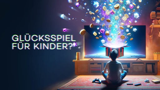 Animiertes Bild eines Kindes vor einem Computerspiel, Schriftzug mit Titel