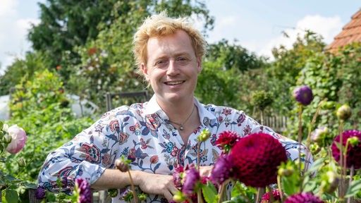 Floristmeister Björn Kroner inmitten von Blumen. 