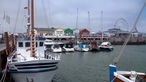 Segelyachten in einem Hafen, im Hintergrund kleine Bootshäuser und ein Riesenrad